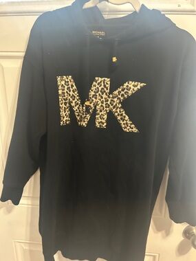 MICHAEL KORS Black Hoodie Dress with Leopard MK Logo and Gold Accents